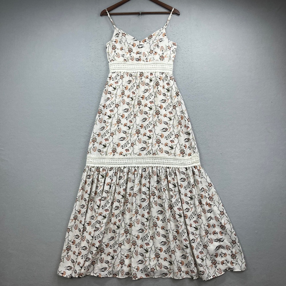 Jack by BB Dakota Maxi Dress Women 4 White Floral Lace Trim Tiered Boho Festival